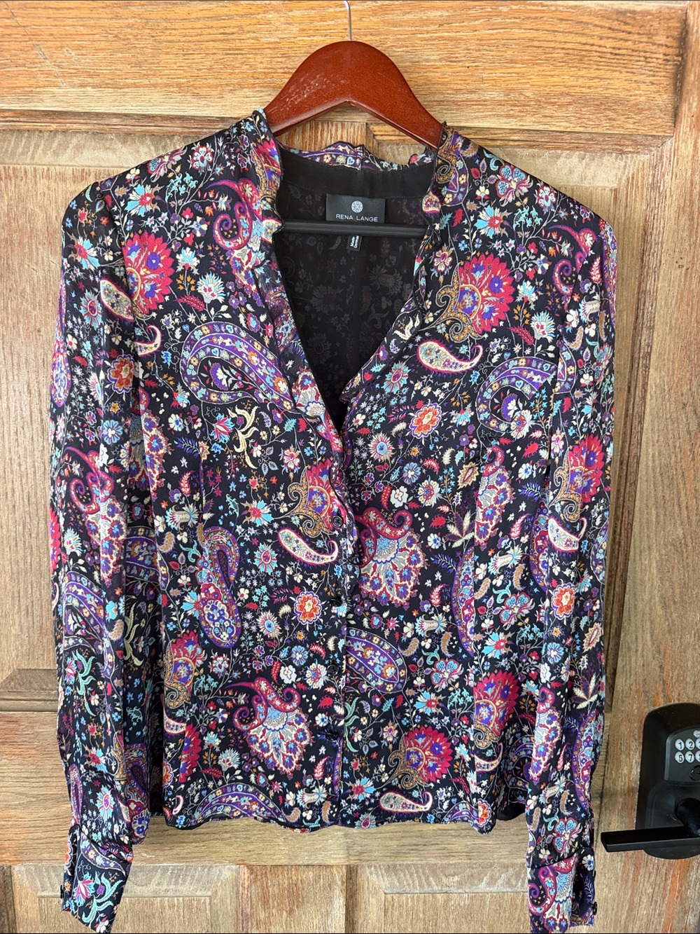 Rena Lange Multicolor Paisley Floral V-Neck Blouse 100 % Silk